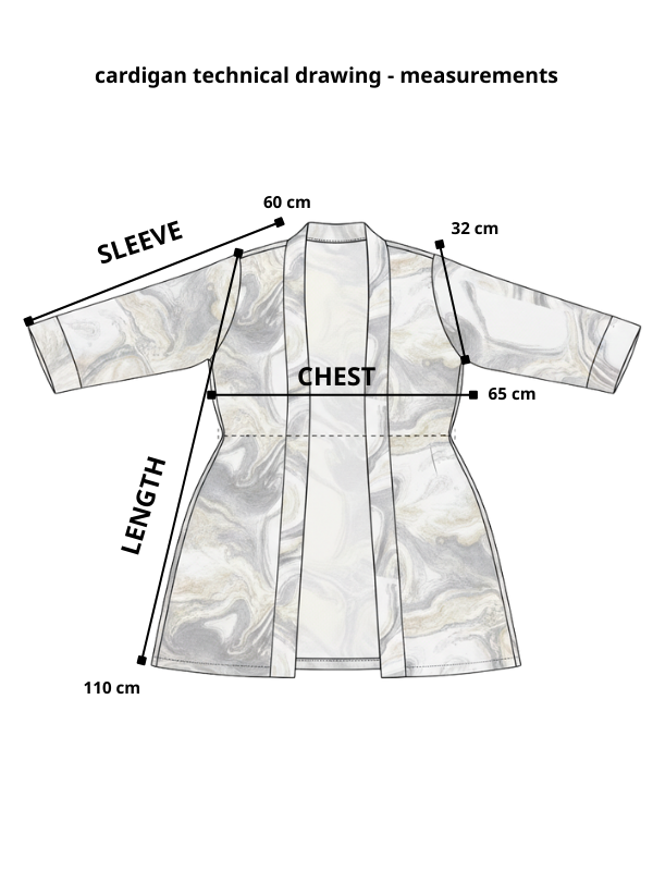 Technical drawing of a cardigan with measurements on a white background